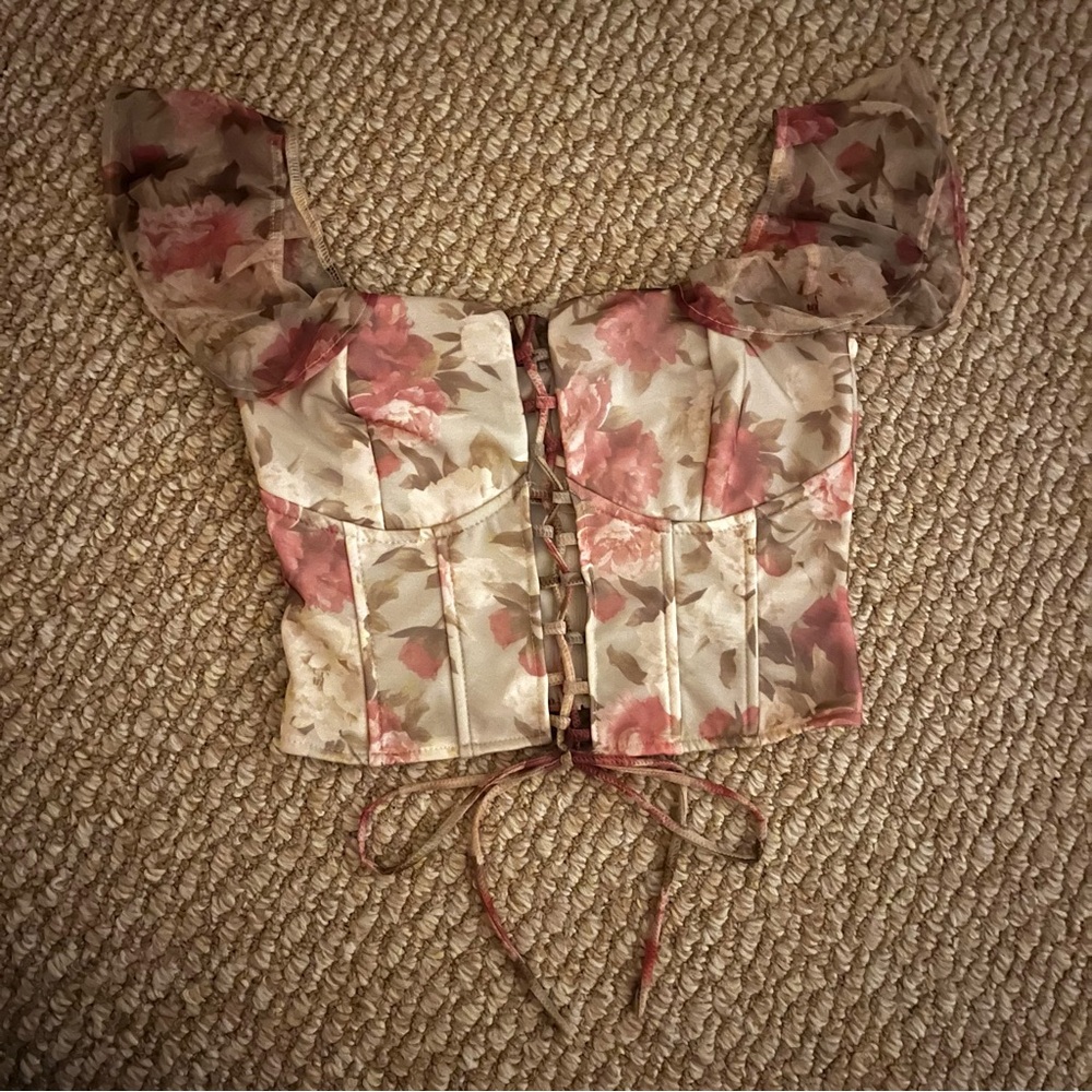 NWT Floral Pink Corset Top with Ruffled Sleeves